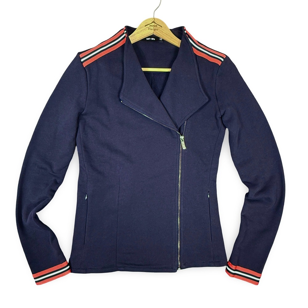 Saint + Sofia Organic Cotton Biker Jacket Women 2 Navy Stripe Moto Asymmetrical